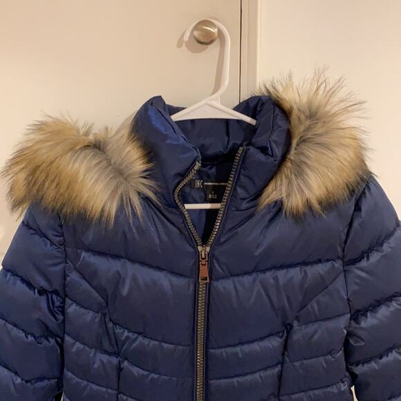 NWT INC International Concepts Faux-Fur Trim Hooded Puffer Co Royal blue S - Picture 9 of 16